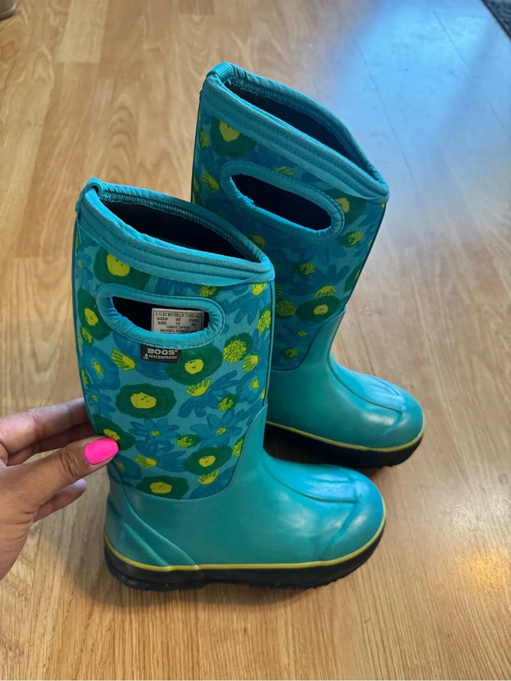 Bogs Kids Teal Floral Grip-Handle Rain Boots